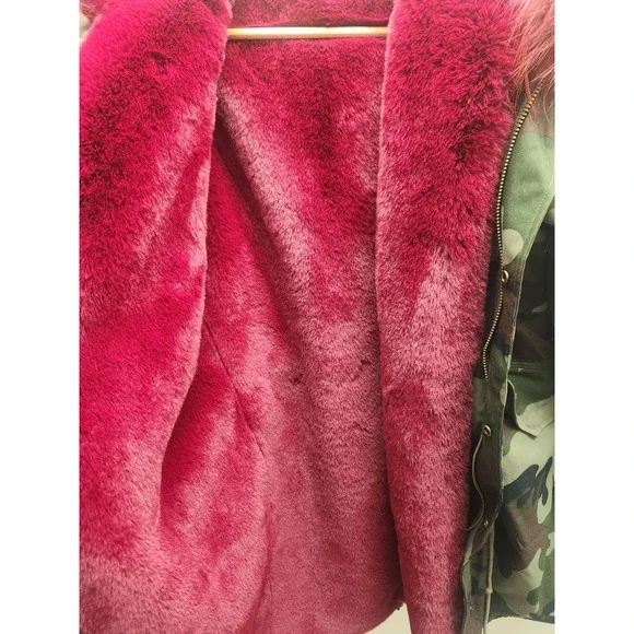 Charlotte b Camo Parka Jacket Red Faux Fur Lined Hooded Military Coat Womens - Picture 4 of 6